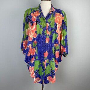 Vintage Chantik Purple Peach‎ Green Floral Silk Button Front Dolman Top One Size